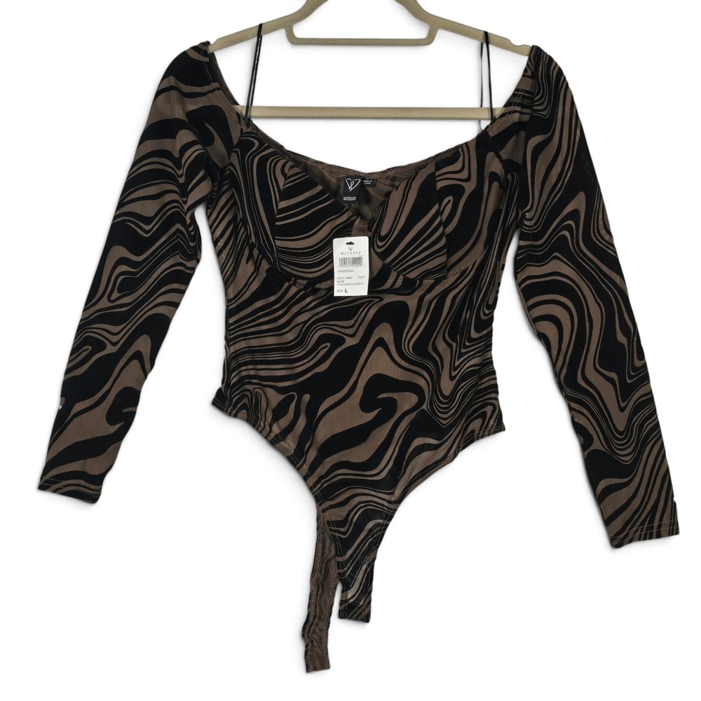 Windsor Bodysuit Women L PT42390NW Nude Black Swirl Mesh Velvet NWT Night Out